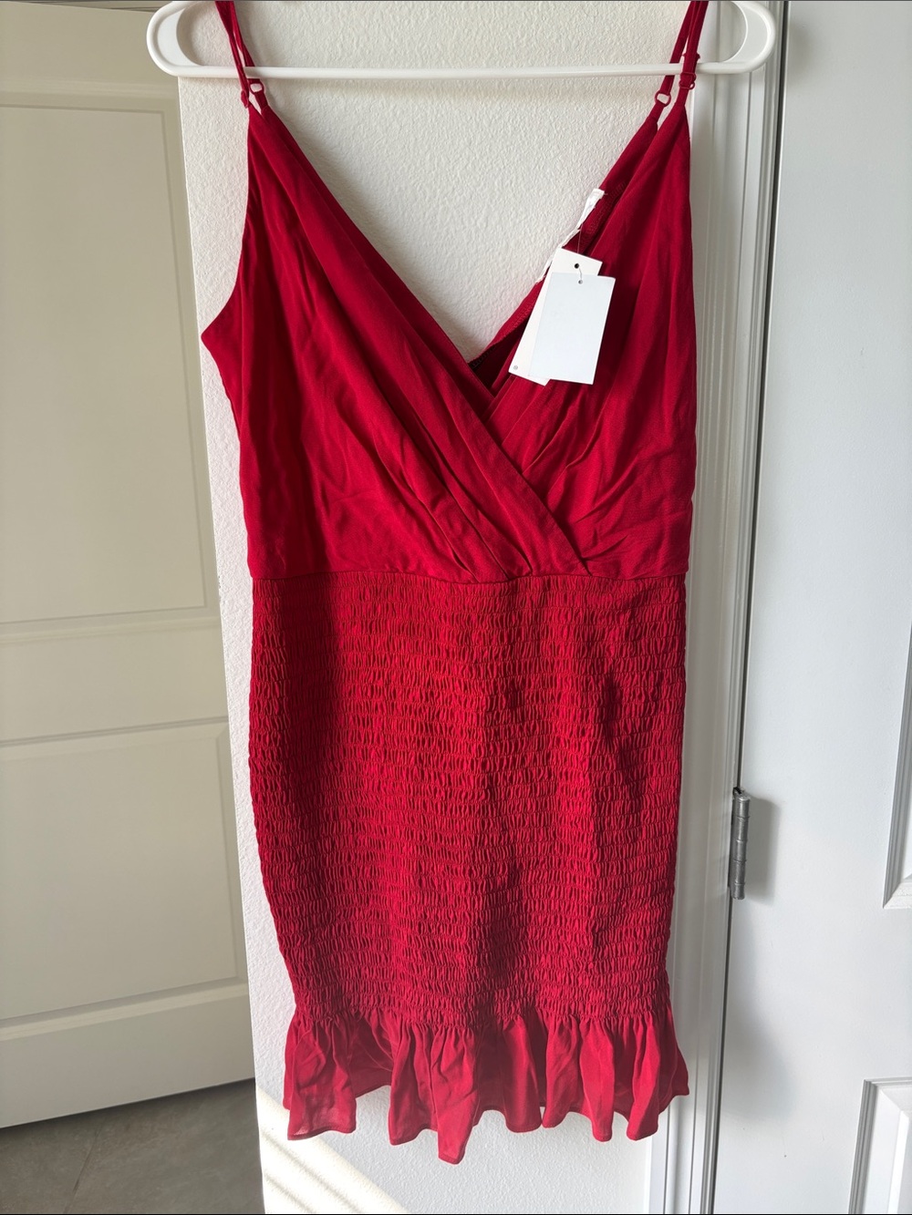 Red V-Neck Smocked Mini Dress with Ruffle Hem